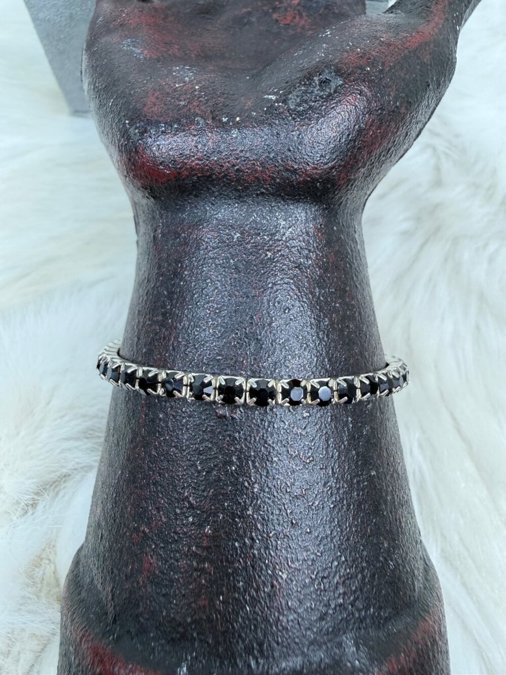 Silver Tone & Black Rhinestone Stretch Bracelet 6.25"